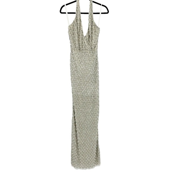 MAC DUGGAL Sequined Crystal Fringe Halter Strap Gown In Silver Size 8 NWT - Picture 7 of 12